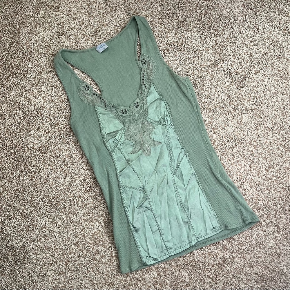 Y2K Vintage Green Lace Detail Tank Top